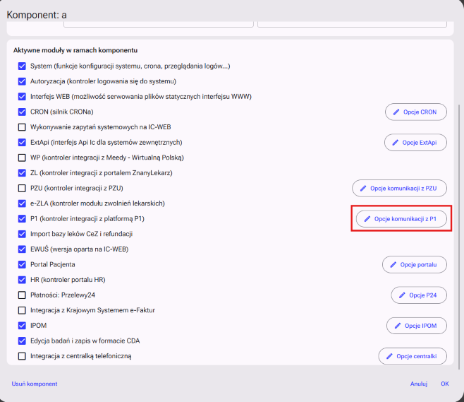 Lista komponentów w serwerze z zaznaczonym Opcje komunikacji z P1 