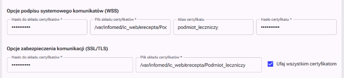 Opcje podpisu systemowego komunikatów (WSS) i Opcje zabezpieczenia komunikacji (SSL/TLS) 