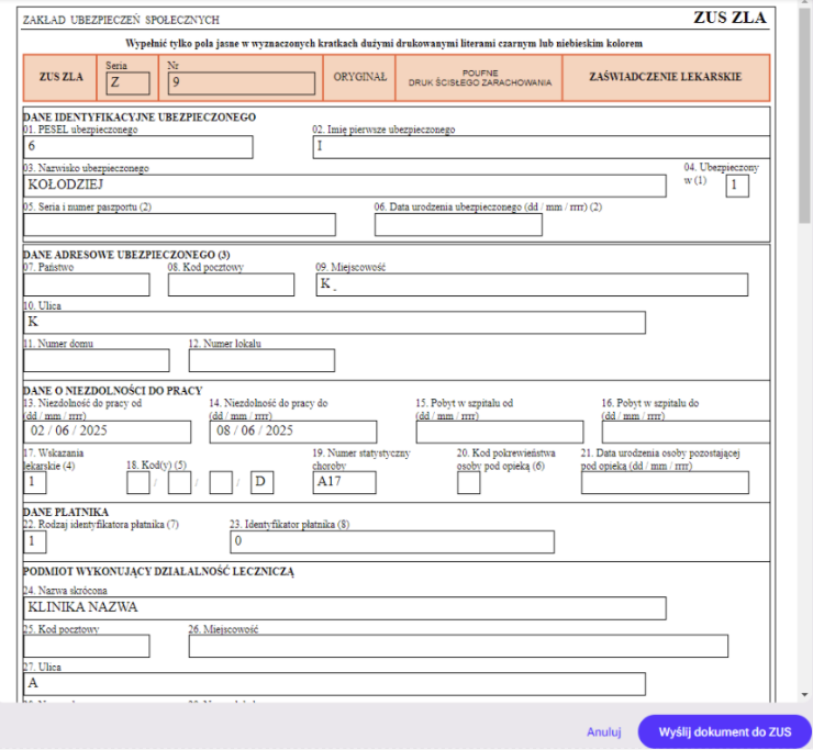 Lista połączeń nieodebranych - nagłówki