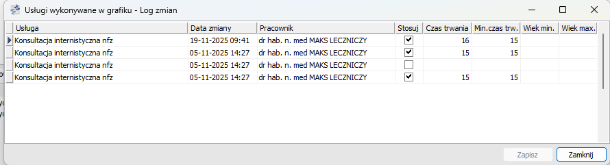 Historia zmian w grafiku