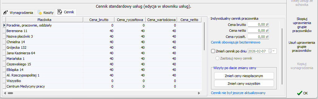 Standardowy cennik usług